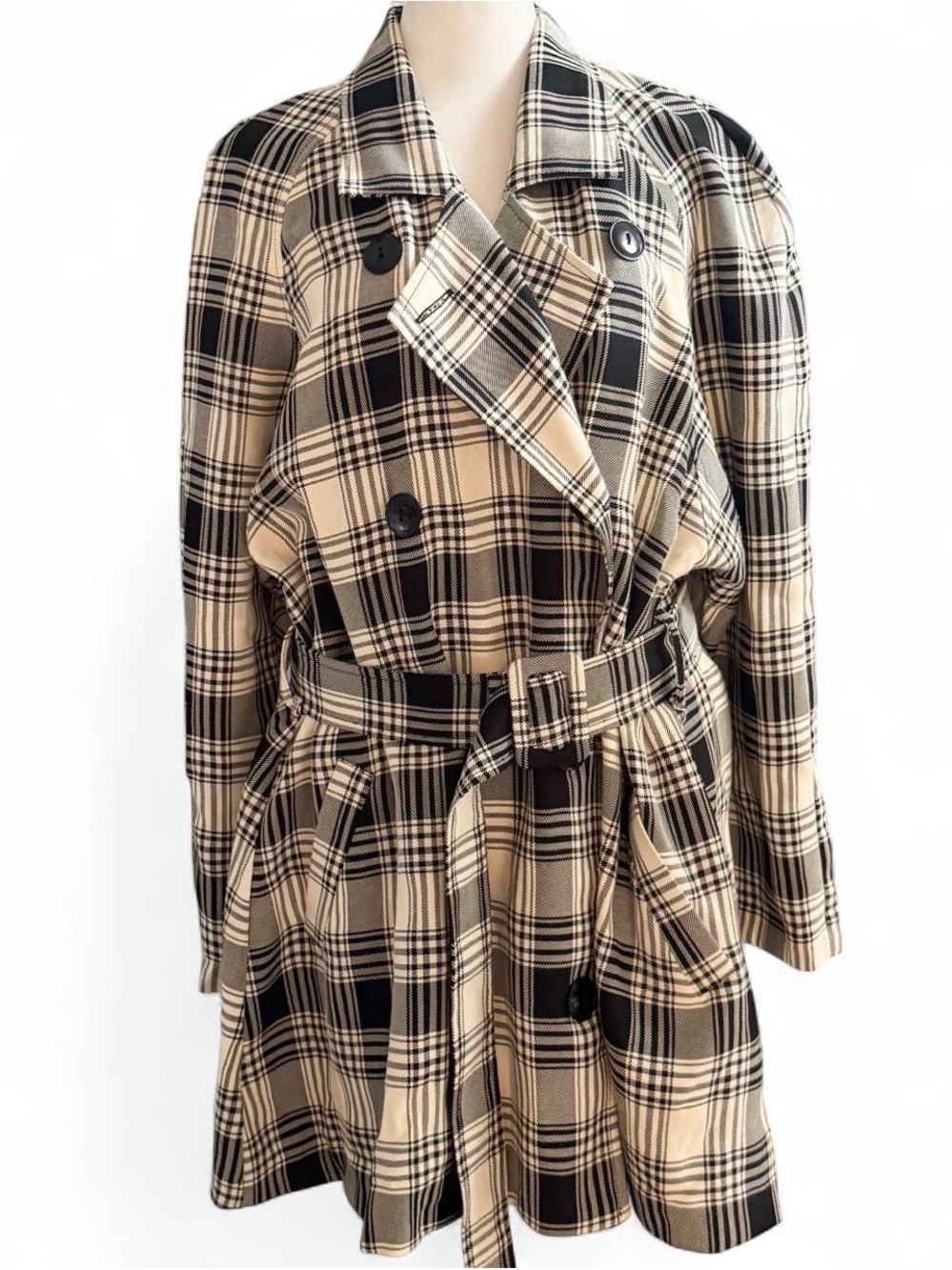 Granite Vintage 90s Black & Cream Plaid Trench Coat Small
